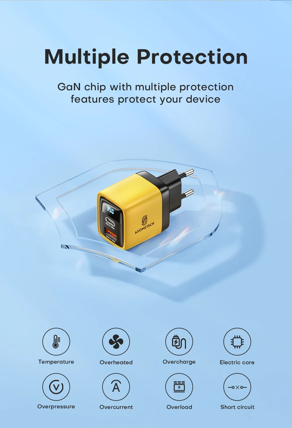 ASOMETECH 35W GaN Charger LED Display QC3.0 30W 25W PD PPS Quick Charge USB Type C Charger For iPhone 14 Pro Samsung S23 Xiaomi