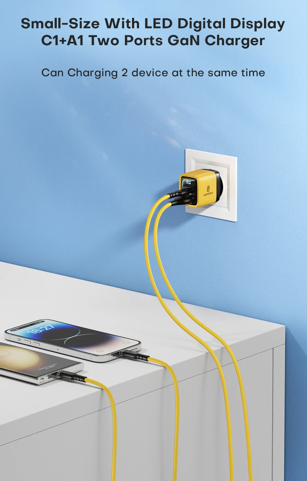 ASOMETECH 35W GaN Charger LED Display QC3.0 30W 25W PD PPS Quick Charge USB Type C Charger For iPhone 14 Pro Samsung S23 Xiaomi