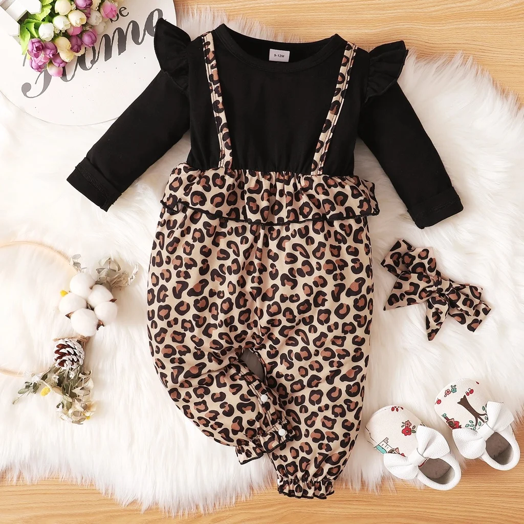 0-18Months Newborn Baby Girl Dress with Bow Long Sleeve Leopard Dresses Onesie Clothing Autumn Infant Fashion Cute Jumpsuit