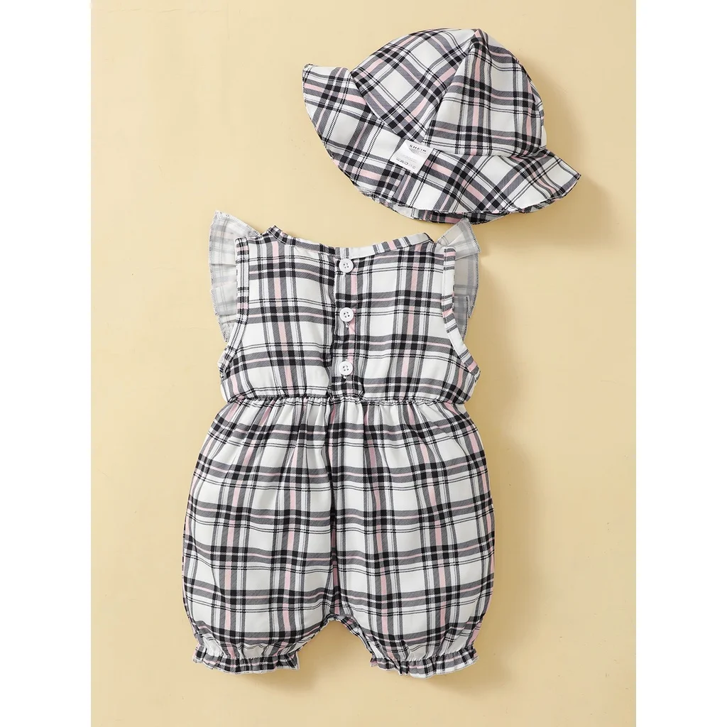 0-18 Months Newborn Baby Girl Clothes Cute Plaid Design Summer Romper+Hat 2Pcs Suit Fashion Holiday Clothing For Toddler Girl