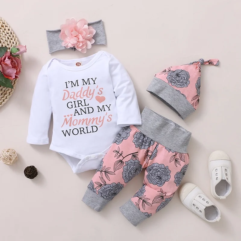 0-24 Months Newborn Baby Girl Clothing Set Long Sleeve Romper+Rose Pant+Hat+Headband Spring&Autumn 4PCS Outfit for Toddler Girl