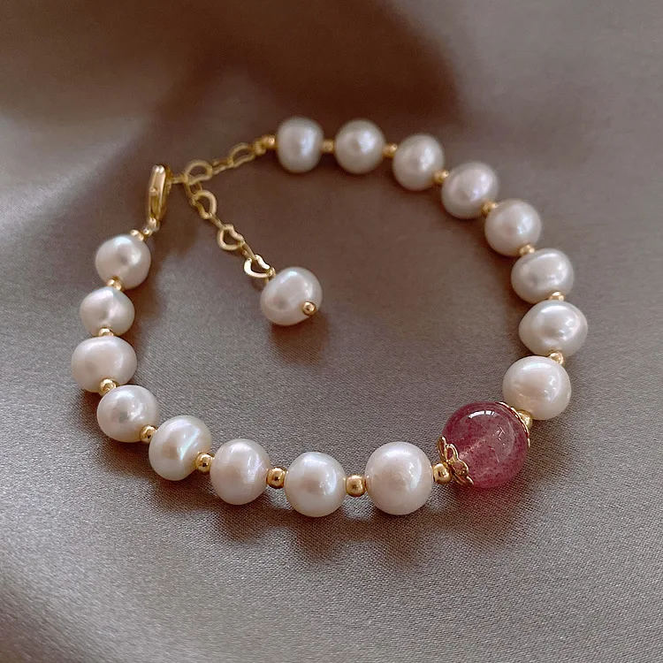 High Quality 100% Baroque Freshwater Pearl & Strawberry Quartz Female Bracelets Jewelry For Women Valentine's Day Gifts No Fade