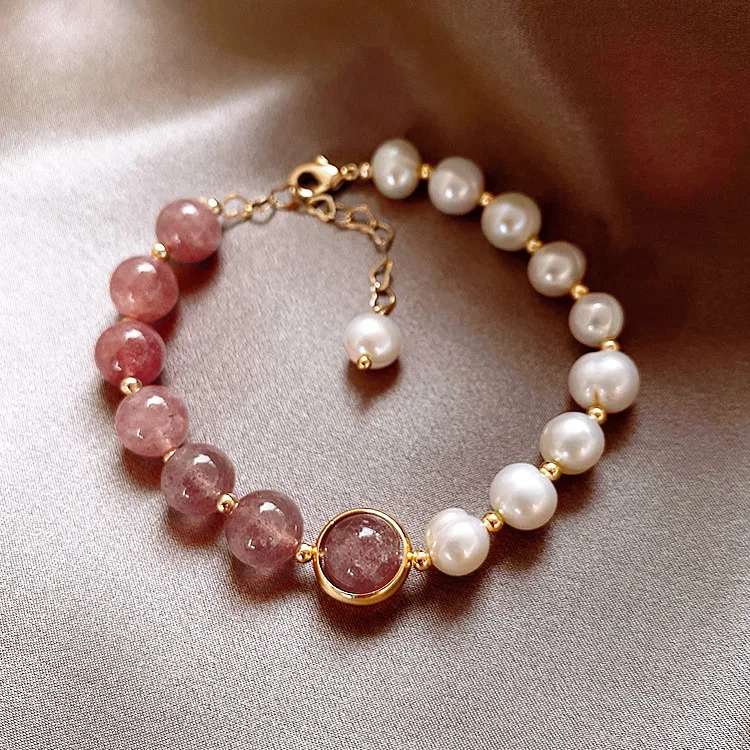 High Quality 100% Baroque Freshwater Pearl & Strawberry Quartz Female Bracelets Jewelry For Women Valentine's Day Gifts No Fade