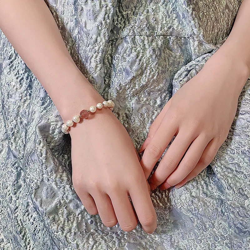 High Quality 100% Baroque Freshwater Pearl & Strawberry Quartz Female Bracelets Jewelry For Women Valentine's Day Gifts No Fade