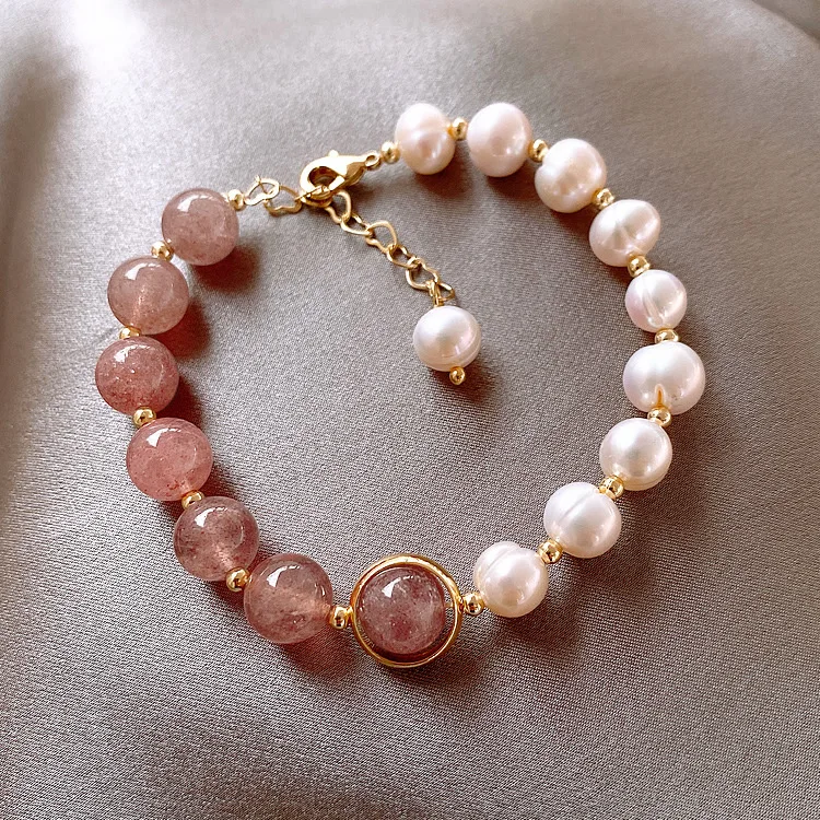 High Quality 100% Baroque Freshwater Pearl & Strawberry Quartz Female Bracelets Jewelry For Women Valentine's Day Gifts No Fade