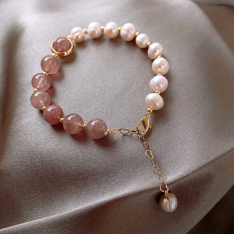 High Quality 100% Baroque Freshwater Pearl & Strawberry Quartz Female Bracelets Jewelry For Women Valentine's Day Gifts No Fade