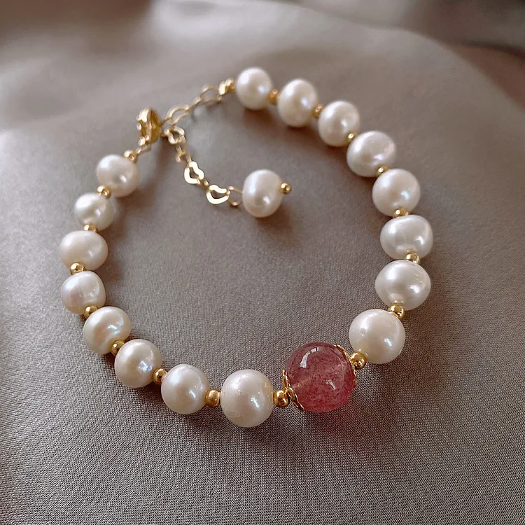 High Quality 100% Baroque Freshwater Pearl & Strawberry Quartz Female Bracelets Jewelry For Women Valentine's Day Gifts No Fade