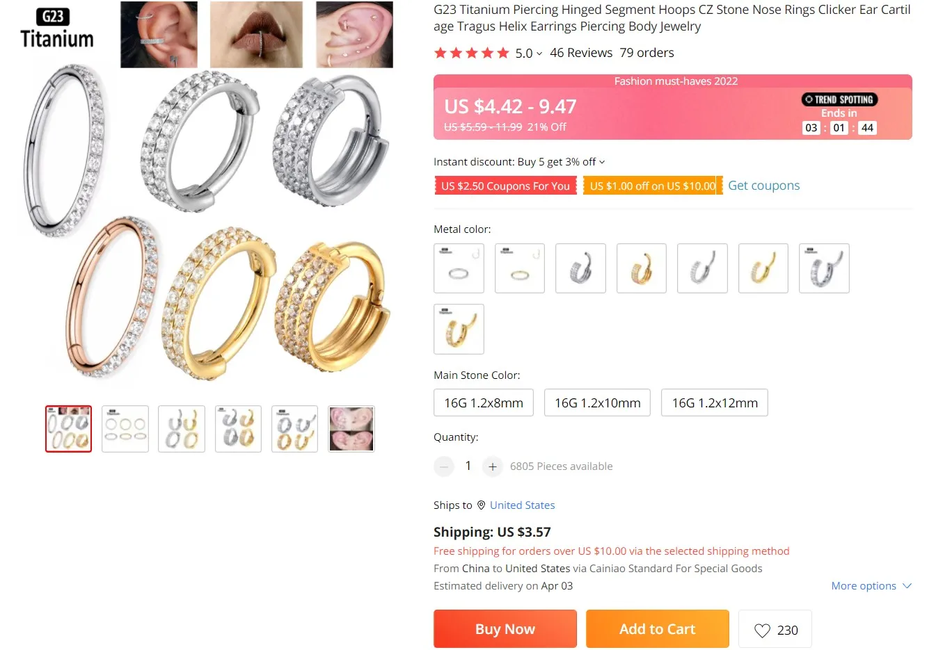 1PC G23 Titanium Clicker Hoop Earrings Nose Rings CZ Zircon Septum Piercing Tragus Cartilage Helix Ear Piercing Body Jewelry 16G