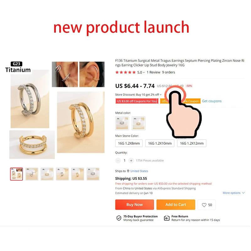 1PC G23 Titanium Clicker Hoop Earrings Nose Rings CZ Zircon Septum Piercing Tragus Cartilage Helix Ear Piercing Body Jewelry 16G