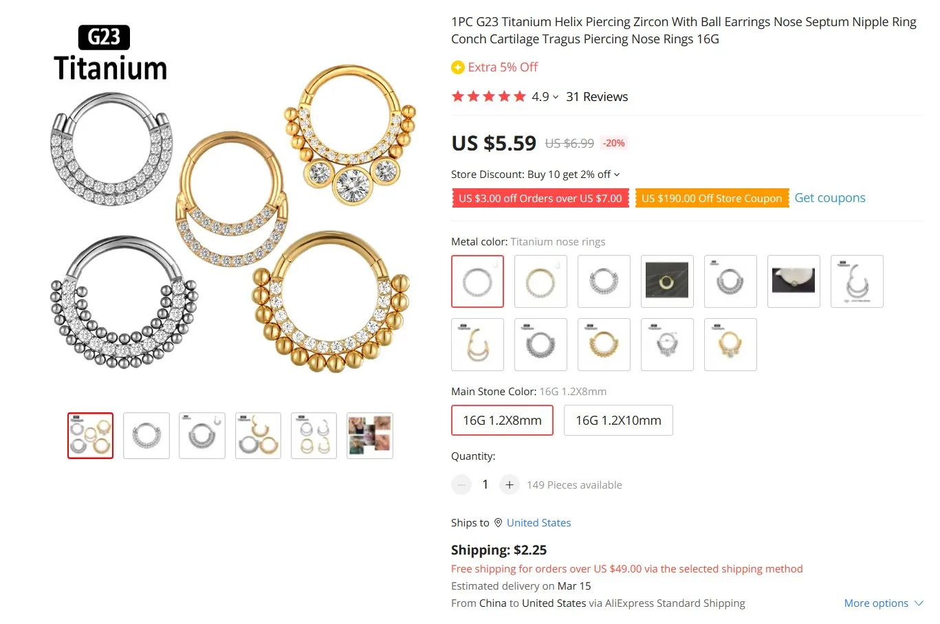 1PC G23 Titanium Clicker Hoop Earrings Nose Rings CZ Zircon Septum Piercing Tragus Cartilage Helix Ear Piercing Body Jewelry 16G