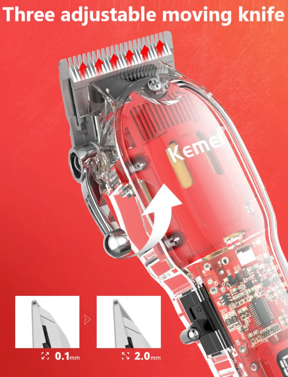 Kemei Rechargeable Hair Cutting Machine Barber Shop Fade Hair Clippers Cordless Trimmer Transparent Cover Red Base KM-1761&246