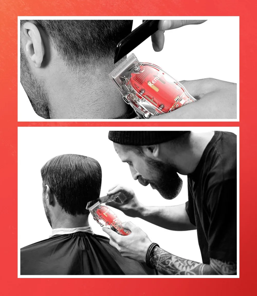 Kemei Rechargeable Hair Cutting Machine Barber Shop Fade Hair Clippers Cordless Trimmer Transparent Cover Red Base KM-1761&246