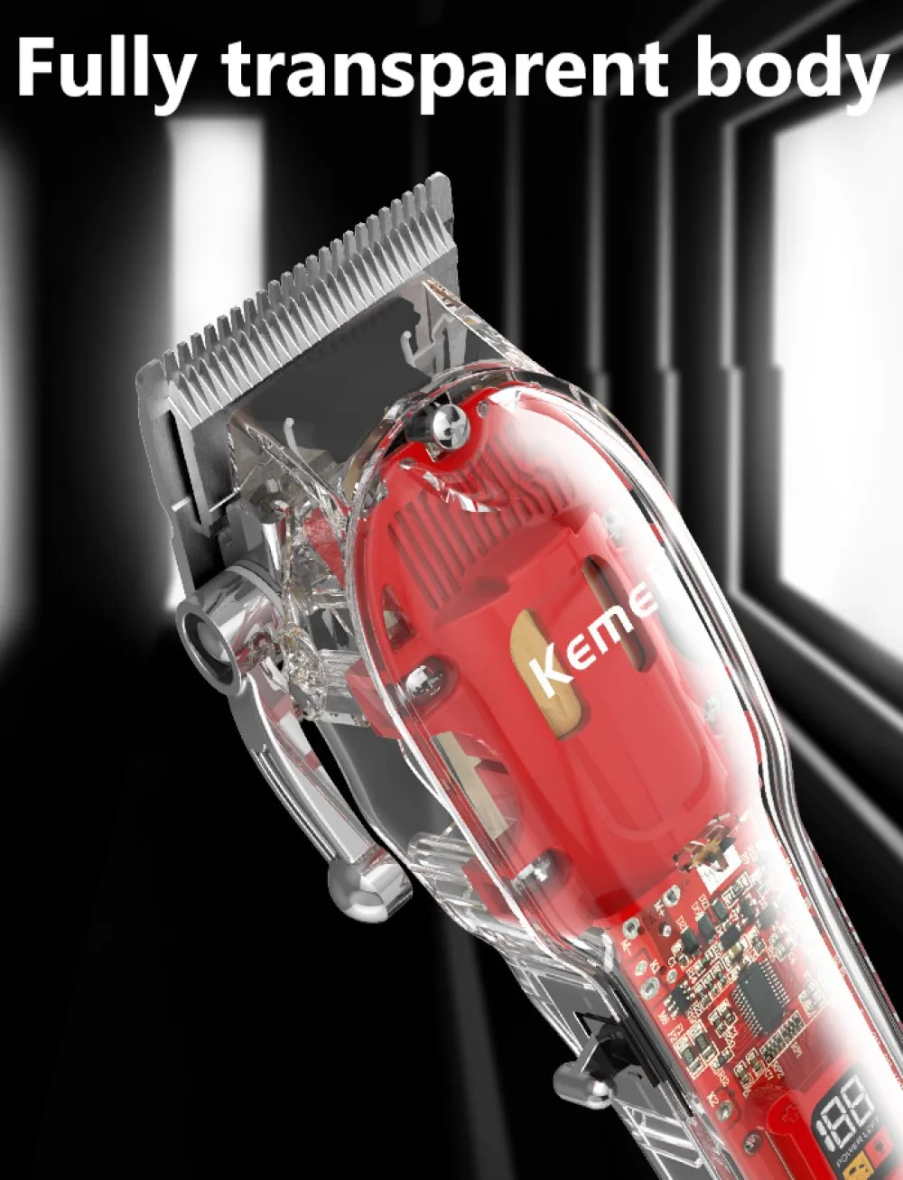 Kemei Rechargeable Hair Cutting Machine Barber Shop Fade Hair Clippers Cordless Trimmer Transparent Cover Red Base KM-1761&246