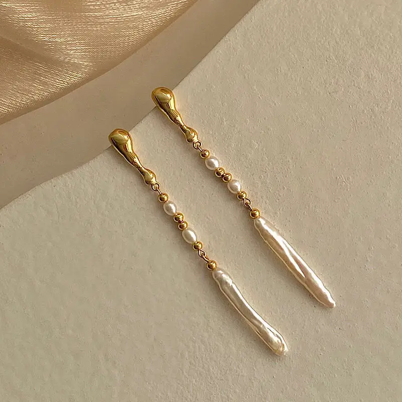 Minar High Quality Nature Freshwater Pearl Dangle Earrings for Women 14K Real Gold Plated Brass Beads Strand Long Tassel Earring