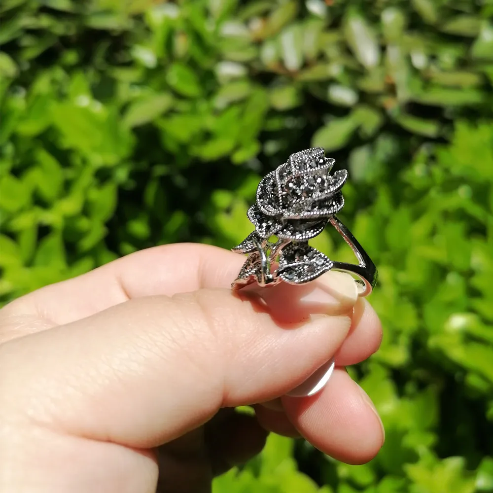 Ajojewel Black Marcasite Rose Flower Jewelry Sets For Women Vintage Necklace Earring And Ring Elegant Gift For Party/Wedding