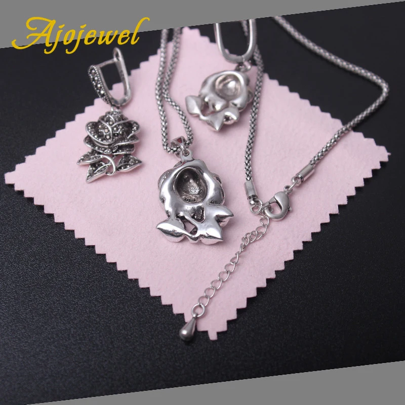 Ajojewel Black Marcasite Rose Flower Jewelry Sets For Women Vintage Necklace Earring And Ring Elegant Gift For Party/Wedding