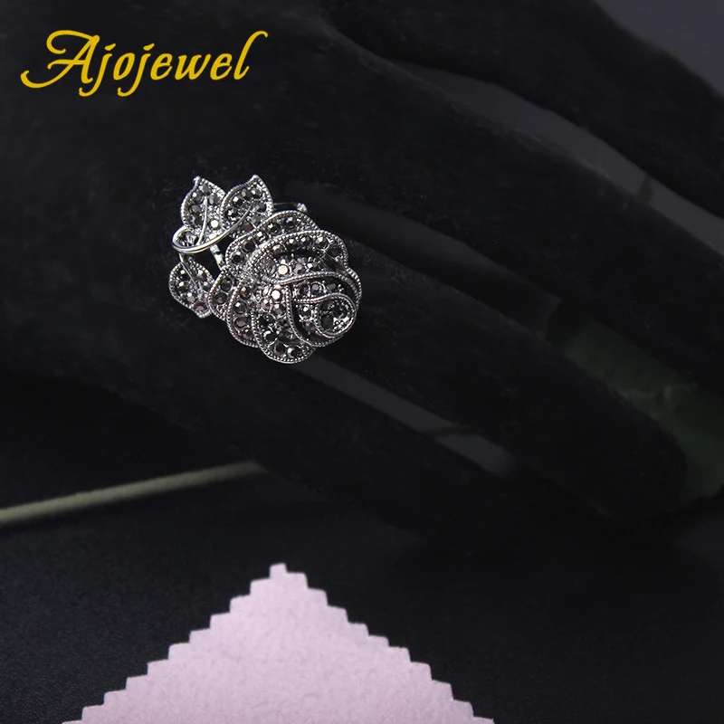 Ajojewel Black Marcasite Rose Flower Jewelry Sets For Women Vintage Necklace Earring And Ring Elegant Gift For Party/Wedding
