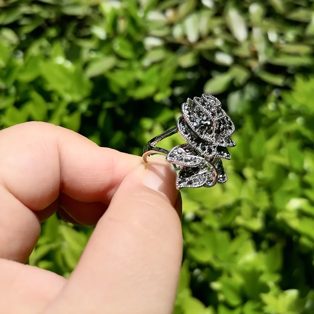 Ajojewel Black Marcasite Rose Flower Jewelry Sets For Women Vintage Necklace Earring And Ring Elegant Gift For Party/Wedding