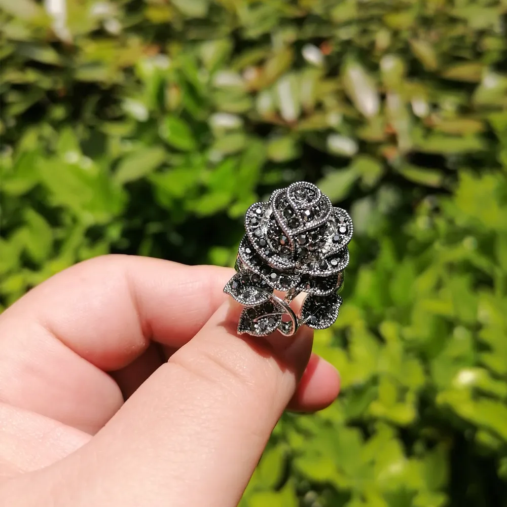 Ajojewel Black Marcasite Rose Flower Jewelry Sets For Women Vintage Necklace Earring And Ring Elegant Gift For Party/Wedding