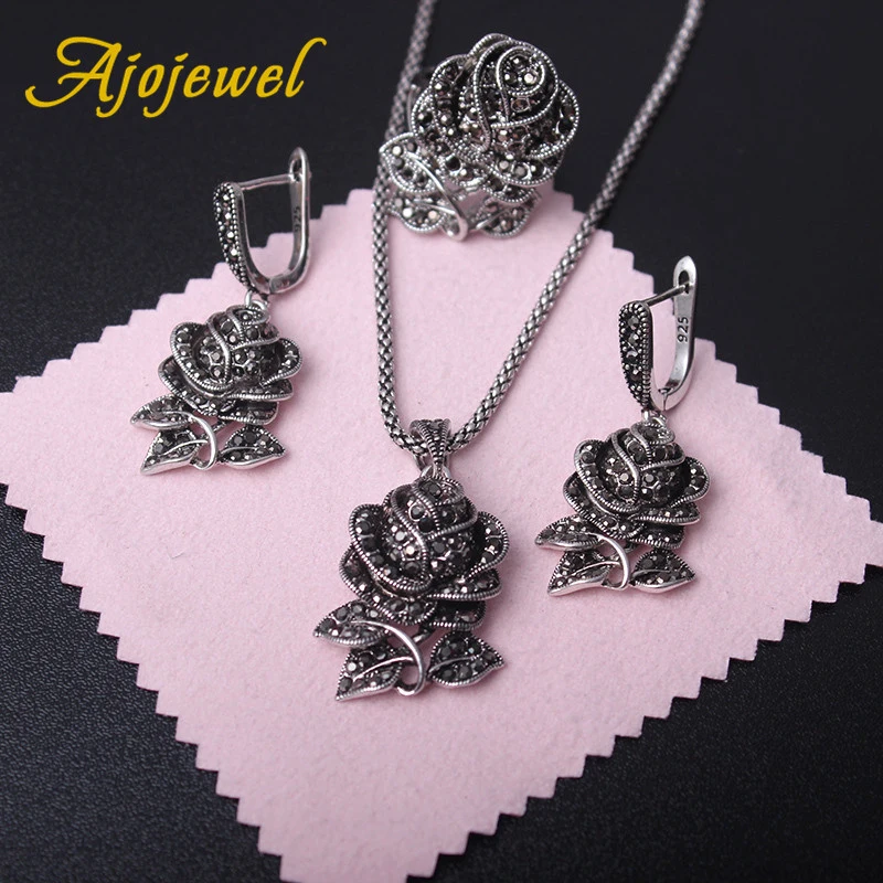 Ajojewel Black Marcasite Rose Flower Jewelry Sets For Women Vintage Necklace Earring And Ring Elegant Gift For Party/Wedding