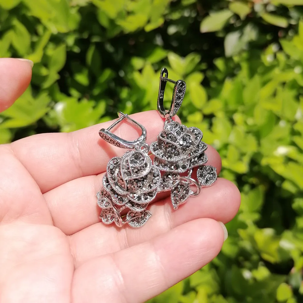 Ajojewel Black Marcasite Rose Flower Jewelry Sets For Women Vintage Necklace Earring And Ring Elegant Gift For Party/Wedding