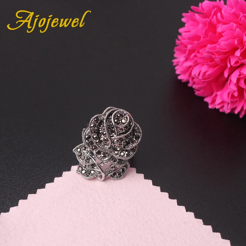 Ajojewel Black Marcasite Rose Flower Jewelry Sets For Women Vintage Necklace Earring And Ring Elegant Gift For Party/Wedding