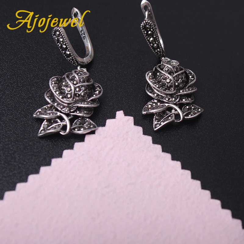Ajojewel Black Marcasite Rose Flower Jewelry Sets For Women Vintage Necklace Earring And Ring Elegant Gift For Party/Wedding