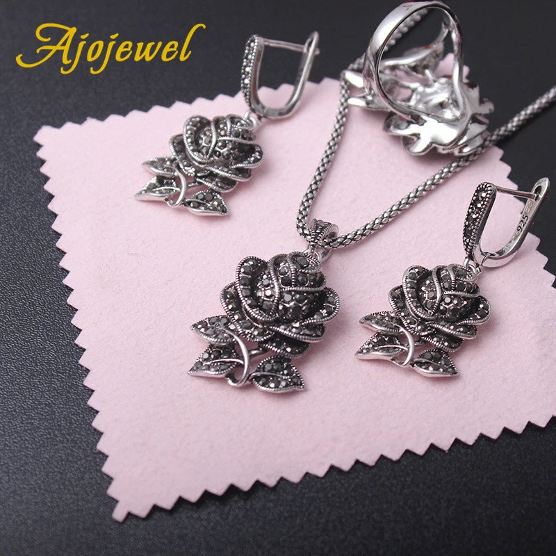 Ajojewel Black Marcasite Rose Flower Jewelry Sets For Women Vintage Necklace Earring And Ring Elegant Gift For Party/Wedding