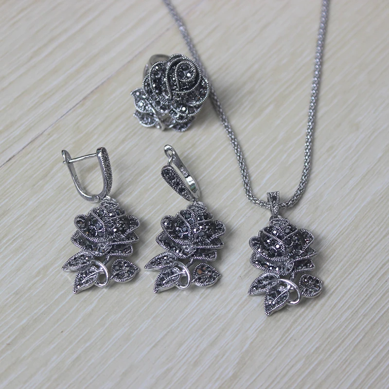 Ajojewel Black Marcasite Rose Flower Jewelry Sets For Women Vintage Necklace Earring And Ring Elegant Gift For Party/Wedding