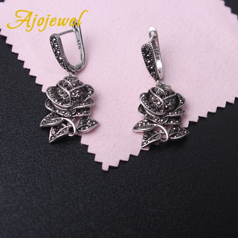 Ajojewel Black Marcasite Rose Flower Jewelry Sets For Women Vintage Necklace Earring And Ring Elegant Gift For Party/Wedding