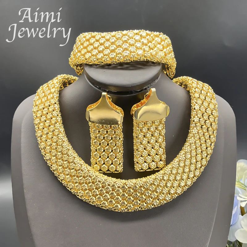 Trendy African Jewelry Set for Women Chunky Necklace Earrings Bracelet Dubai 18K Gold Plated Fashion Jewellery for Party Wedding