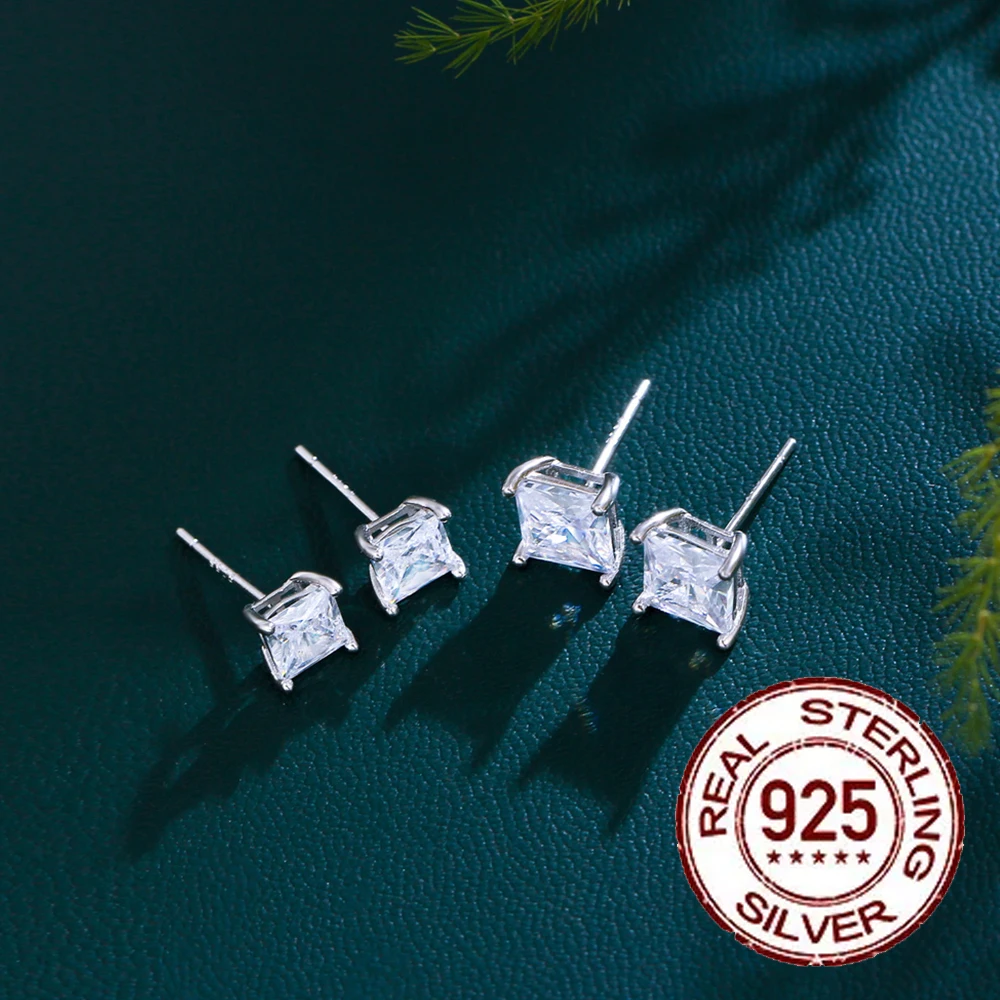 CWWZircons New Sterling Silver 925 CZ Stud Earrings Screw Back 3/4/5/6mm Square Cubic Zirconia Jewelry Gifts for Women Man SE025