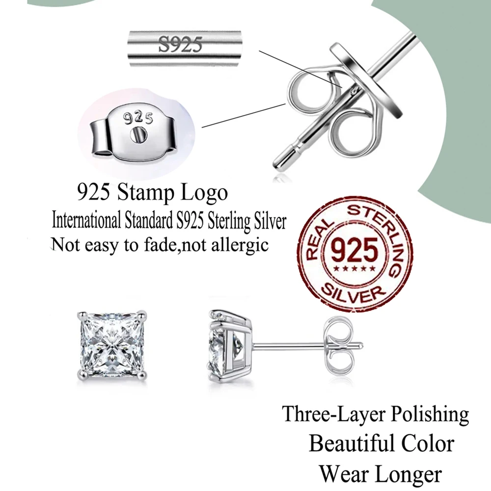 CWWZircons New Sterling Silver 925 CZ Stud Earrings Screw Back 3/4/5/6mm Square Cubic Zirconia Jewelry Gifts for Women Man SE025