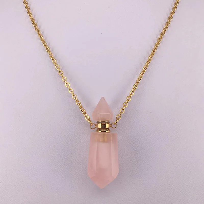 Natural Stone Faceted Prism Perfume Bottle Pendants Necklace Cut Hexagon Points Crystal Essential Oil Diffuser Vial Charms
