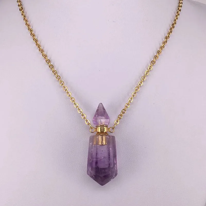 Natural Stone Faceted Prism Perfume Bottle Pendants Necklace Cut Hexagon Points Crystal Essential Oil Diffuser Vial Charms