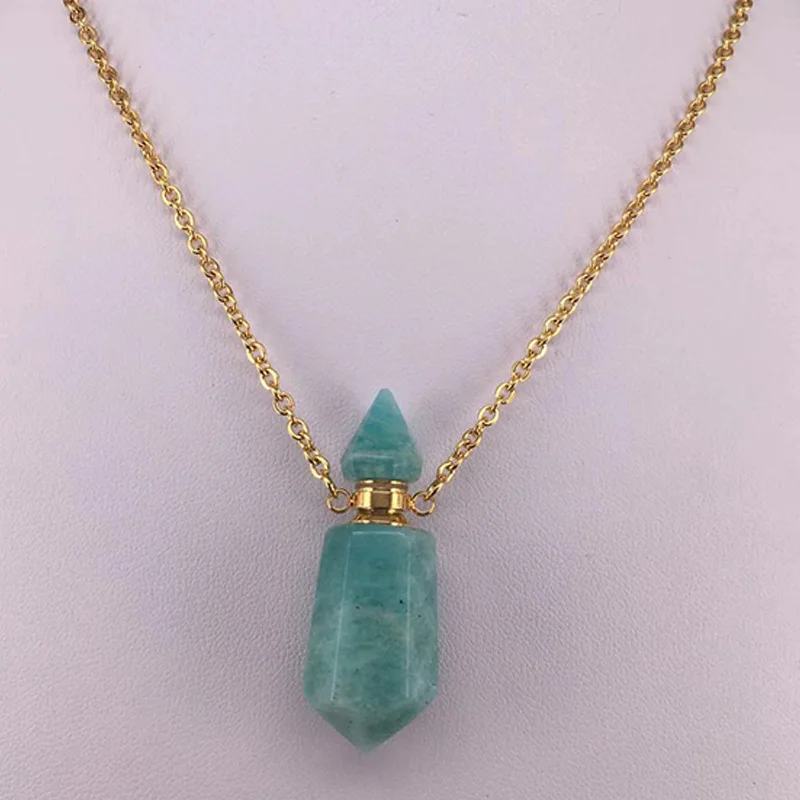 Natural Stone Faceted Prism Perfume Bottle Pendants Necklace Cut Hexagon Points Crystal Essential Oil Diffuser Vial Charms