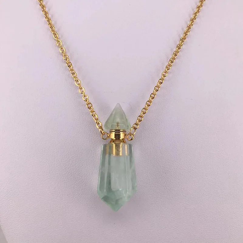 Natural Stone Faceted Prism Perfume Bottle Pendants Necklace Cut Hexagon Points Crystal Essential Oil Diffuser Vial Charms