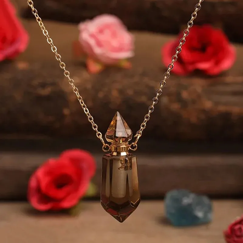 Natural Stone Faceted Prism Perfume Bottle Pendants Necklace Cut Hexagon Points Crystal Essential Oil Diffuser Vial Charms