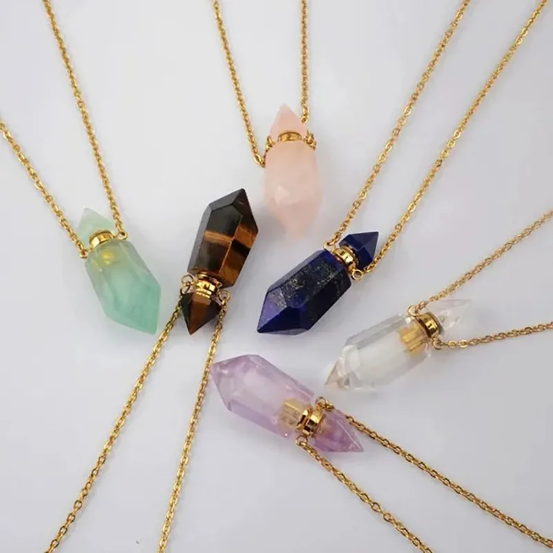 Natural Stone Faceted Prism Perfume Bottle Pendants Necklace Cut Hexagon Points Crystal Essential Oil Diffuser Vial Charms