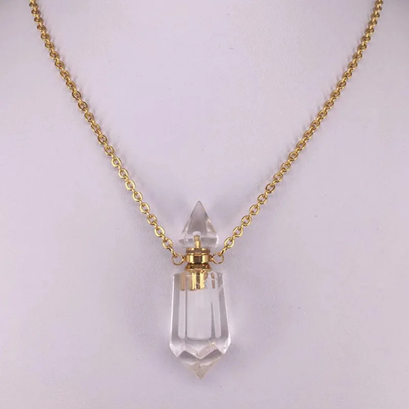 Natural Stone Faceted Prism Perfume Bottle Pendants Necklace Cut Hexagon Points Crystal Essential Oil Diffuser Vial Charms