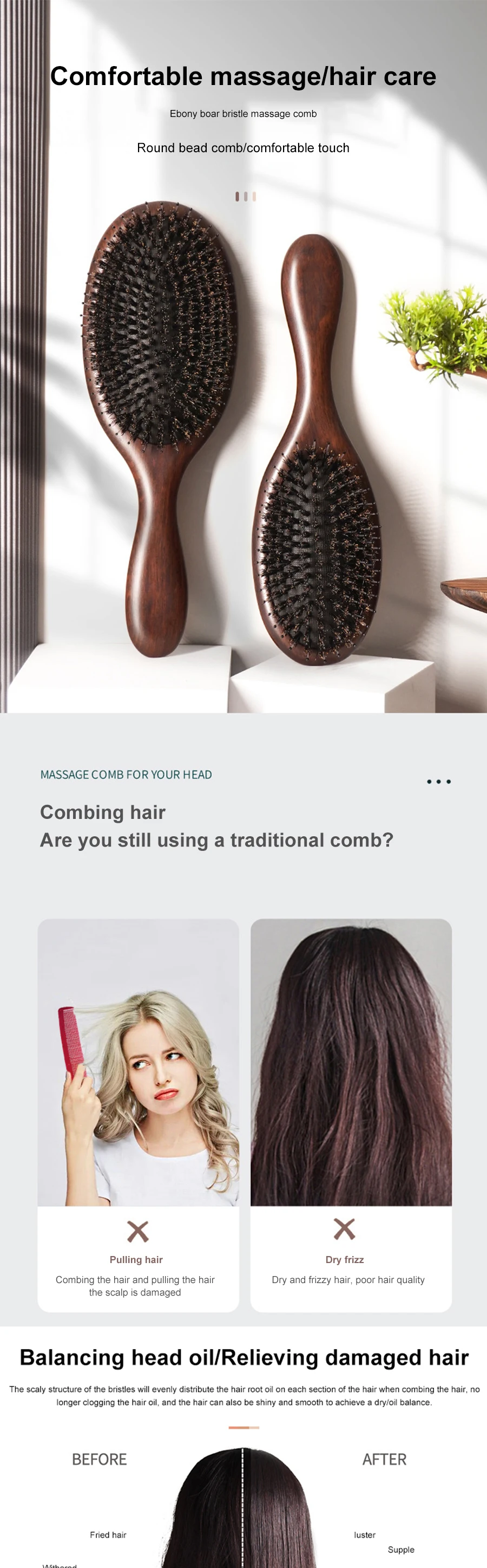 Wood Massage Hair Brush Comb For Hair Hairbrush Dry Wet Detangle Wood Combs Women Hair Beauty Care Paddle Cushion Massage Brush