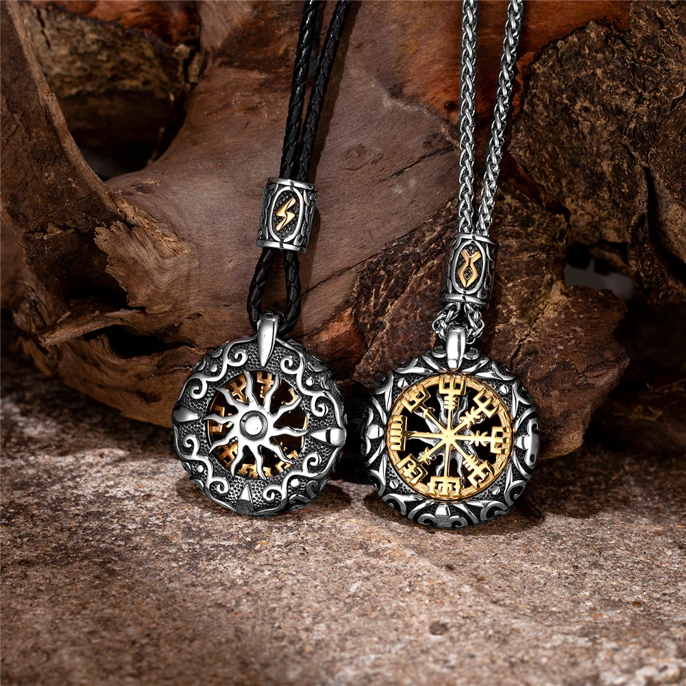 Retro Men Norse Rune Bead Compass Necklace Gold Color Hollow Out Sun Pendant Stainless Steel Vegvisir Amulet Male Viking Jewelry