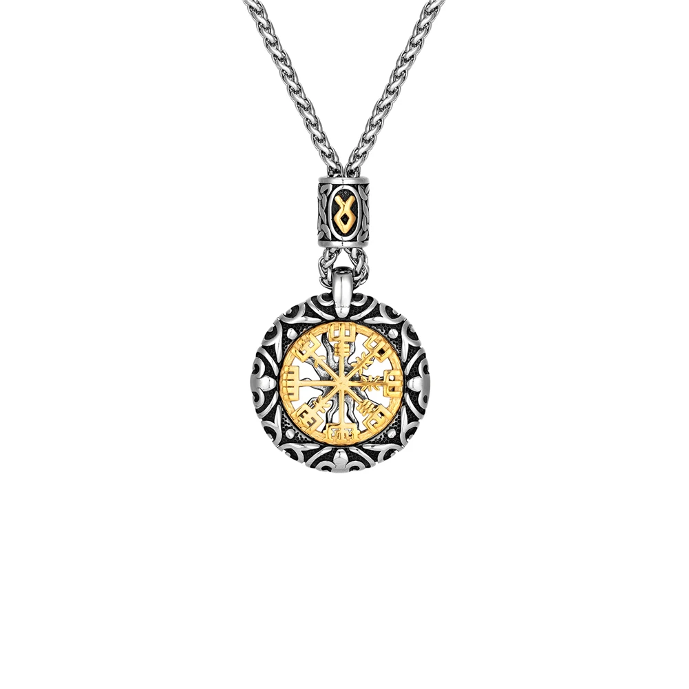 Retro Men Norse Rune Bead Compass Necklace Gold Color Hollow Out Sun Pendant Stainless Steel Vegvisir Amulet Male Viking Jewelry