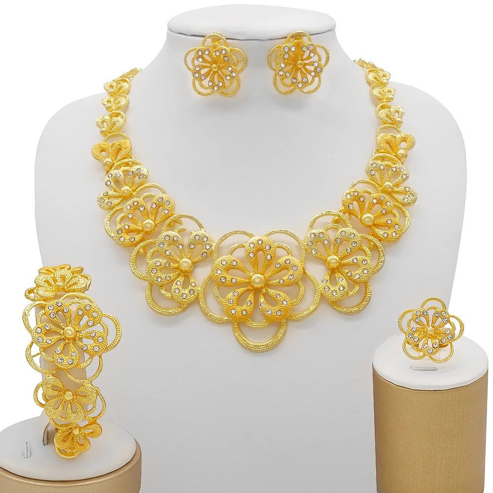 Dubai Women Gold Color Jewelry Sets African Wedding Bridal Gifts For Saudi Arab Necklace Bracelet Earrings Ring Jewellery Set