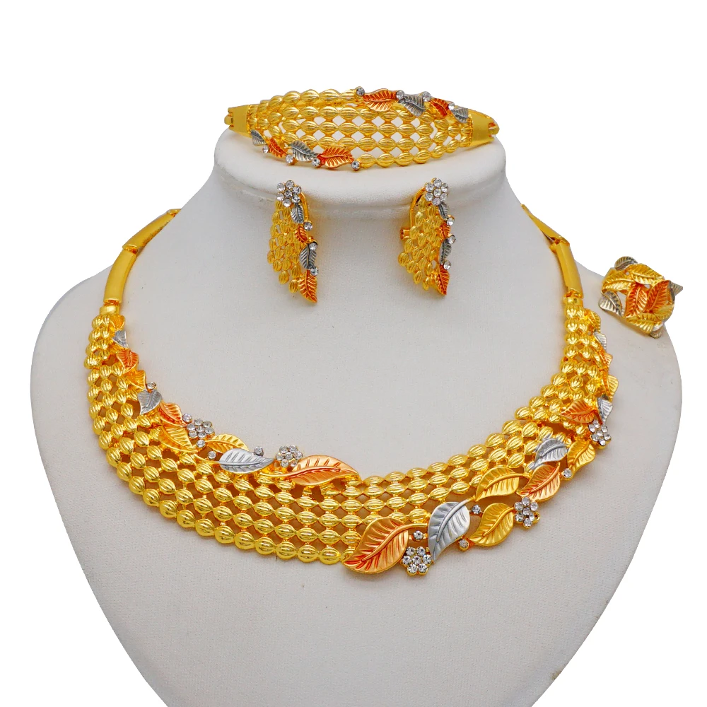 Dubai Women Gold Color Jewelry Sets African Wedding Bridal Gifts For Saudi Arab Necklace Bracelet Earrings Ring Jewellery Set