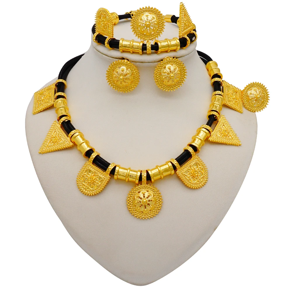 Dubai Women Gold Color Jewelry Sets African Wedding Bridal Gifts For Saudi Arab Necklace Bracelet Earrings Ring Jewellery Set