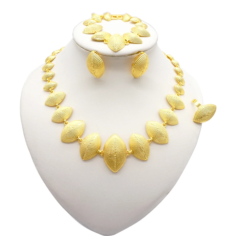 Dubai Women Gold Color Jewelry Sets African Wedding Bridal Gifts For Saudi Arab Necklace Bracelet Earrings Ring Jewellery Set