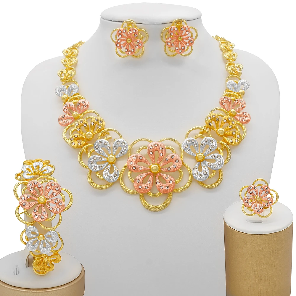 Dubai Women Gold Color Jewelry Sets African Wedding Bridal Gifts For Saudi Arab Necklace Bracelet Earrings Ring Jewellery Set