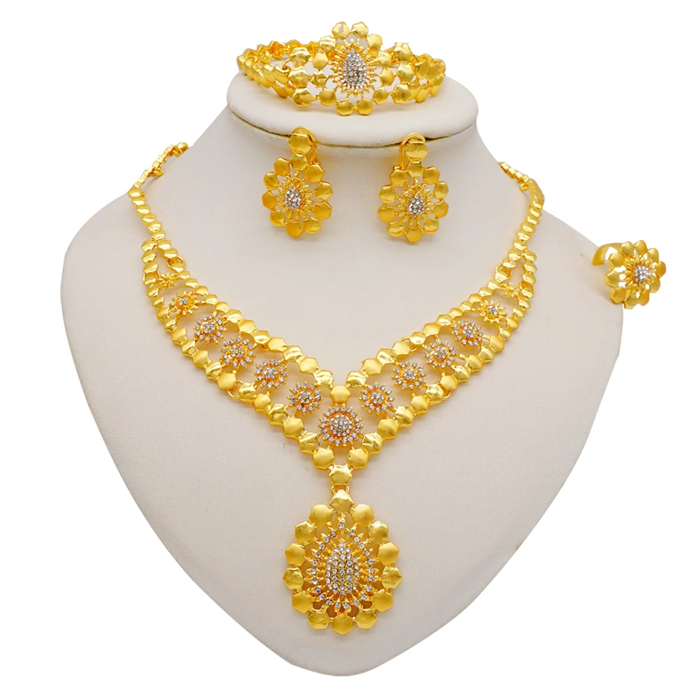 Dubai Women Gold Color Jewelry Sets African Wedding Bridal Gifts For Saudi Arab Necklace Bracelet Earrings Ring Jewellery Set