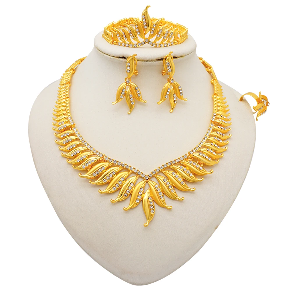 Dubai Women Gold Color Jewelry Sets African Wedding Bridal Gifts For Saudi Arab Necklace Bracelet Earrings Ring Jewellery Set